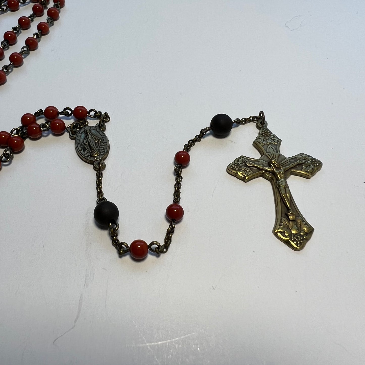 Miraculous Medal Rosary | Red Jade & Ebony Wood