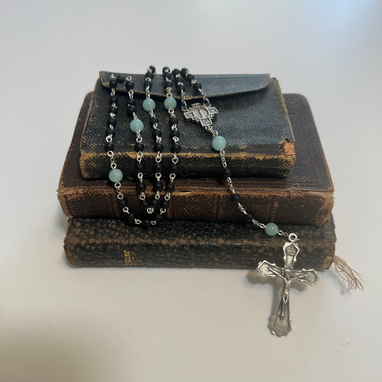 Holy Rose Cross Rosary | Matte Black & Amazonite
