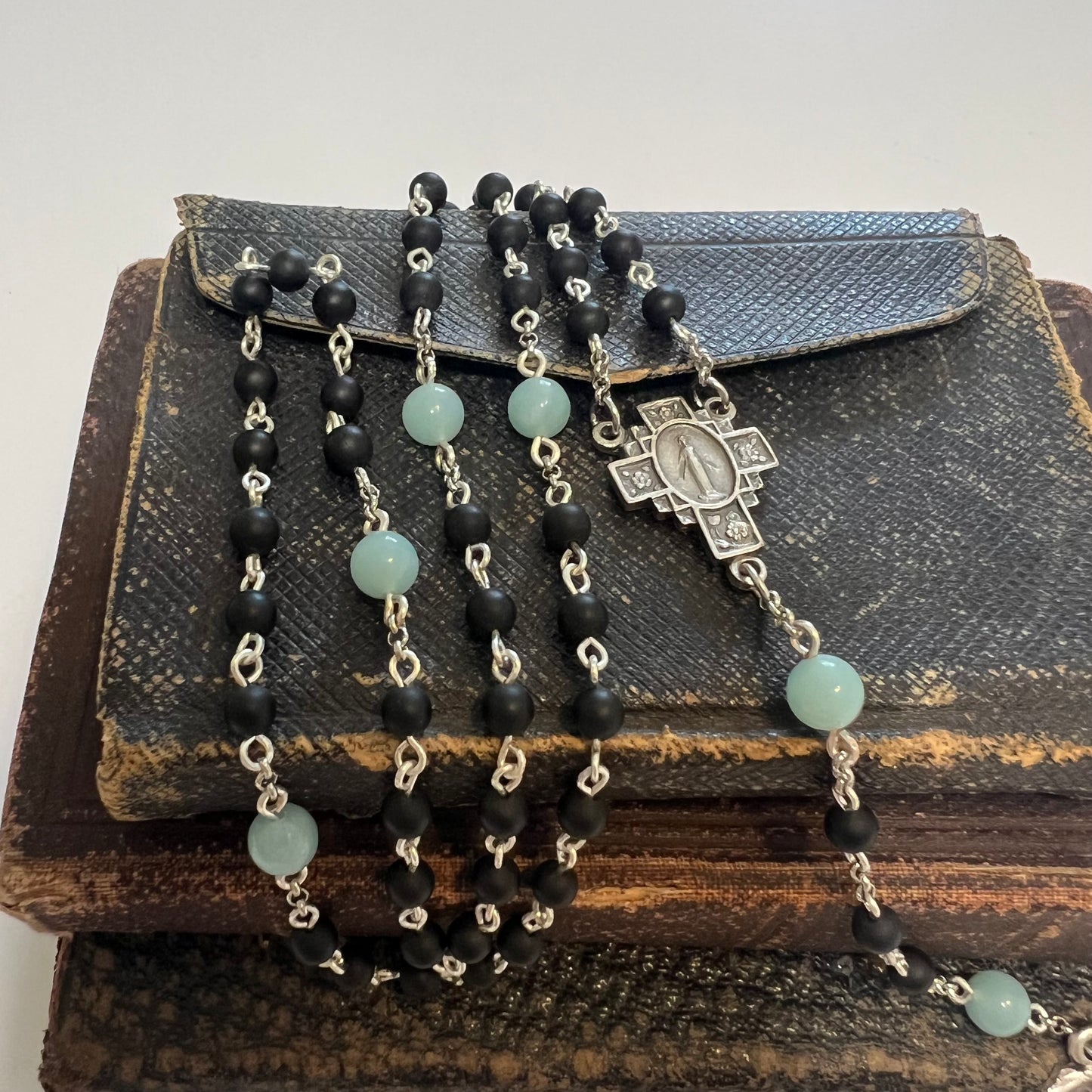 Holy Rose Cross Rosary | Matte Black & Amazonite