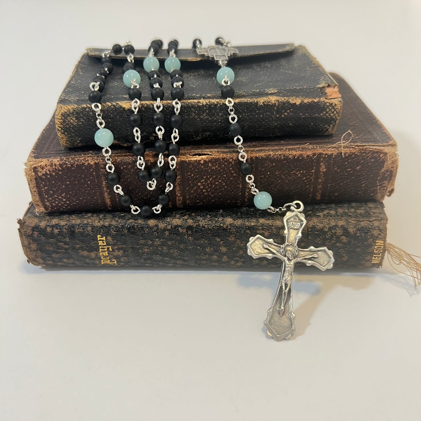 Holy Rose Cross Rosary | Matte Black & Amazonite