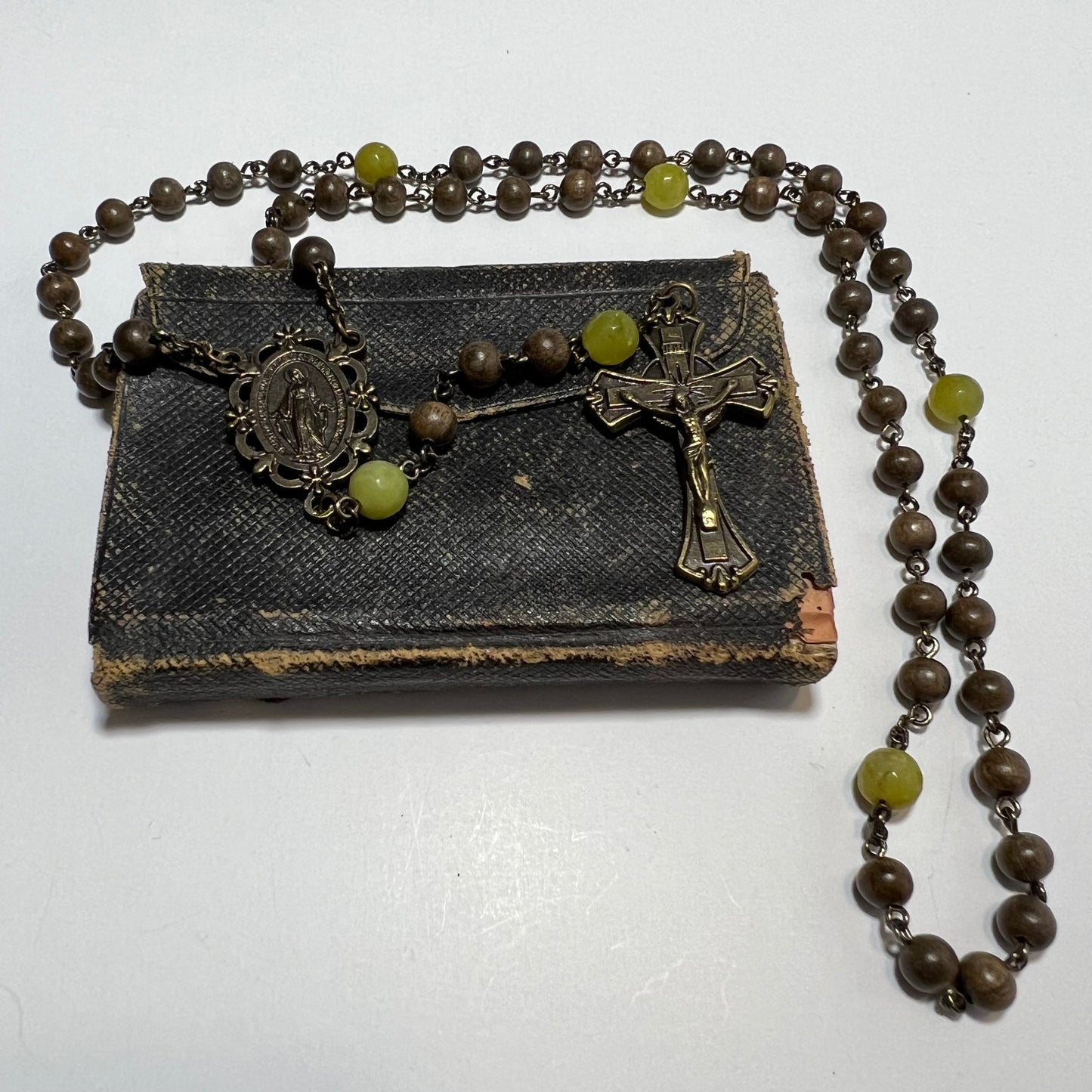 Miraculous Medal Rosary | Gray Wood & Olive Jade