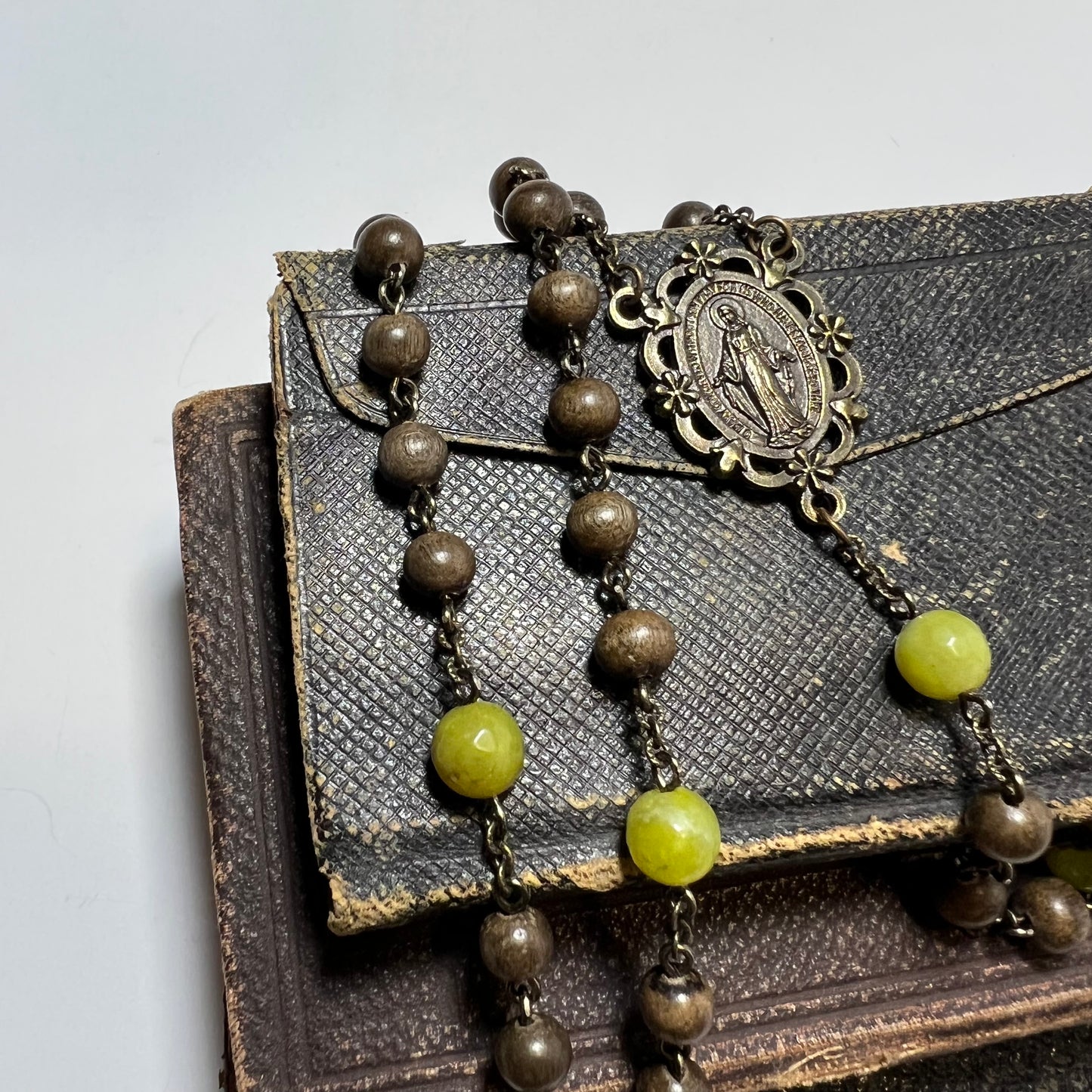 Miraculous Medal Rosary | Gray Wood & Olive Jade