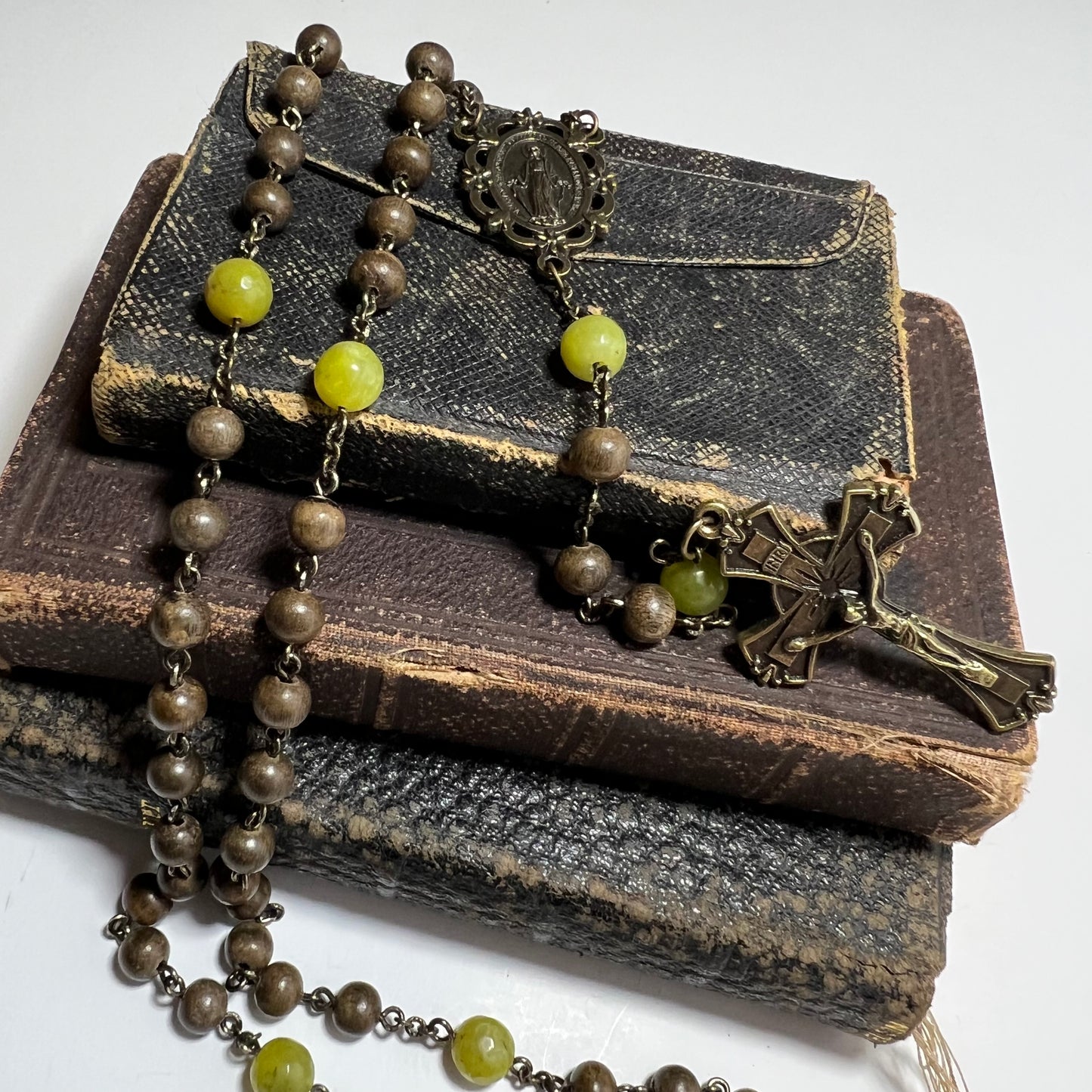 Miraculous Medal Rosary | Gray Wood & Olive Jade