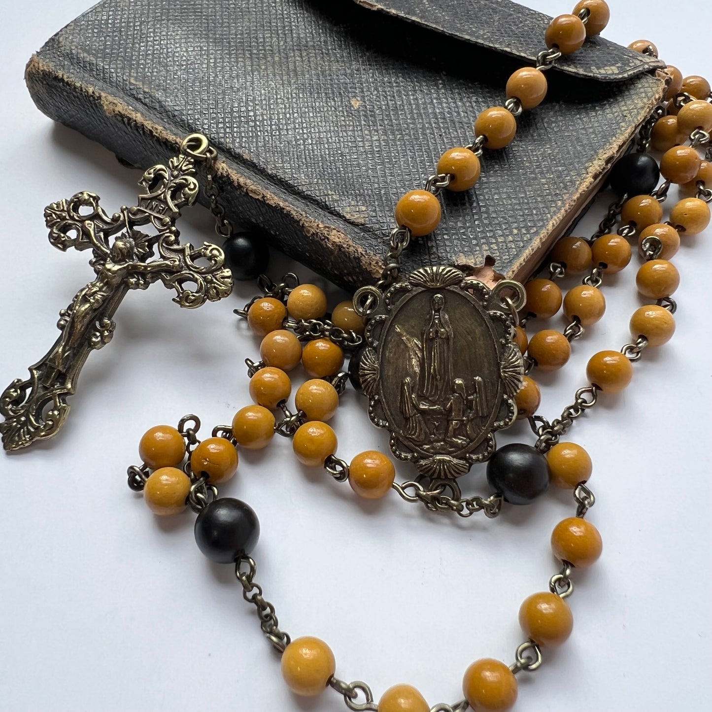 Our Lady of Fatima Rosary | Yellow Mookaite & Ebony Wood Beads