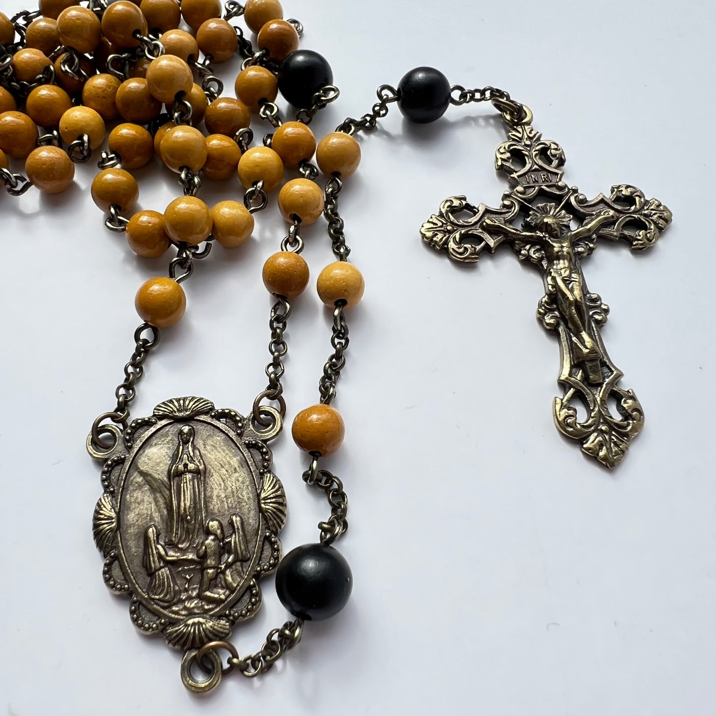 Our Lady of Fatima Rosary | Yellow Mookaite & Ebony Wood Beads