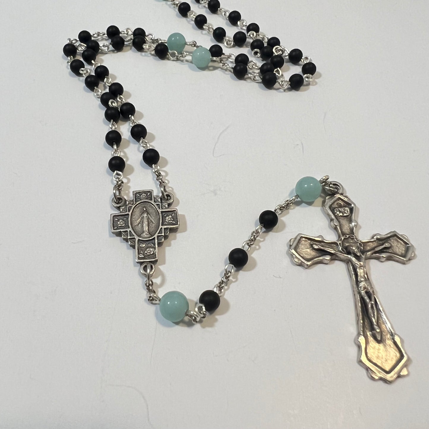 Holy Rose Cross Rosary | Matte Black & Amazonite