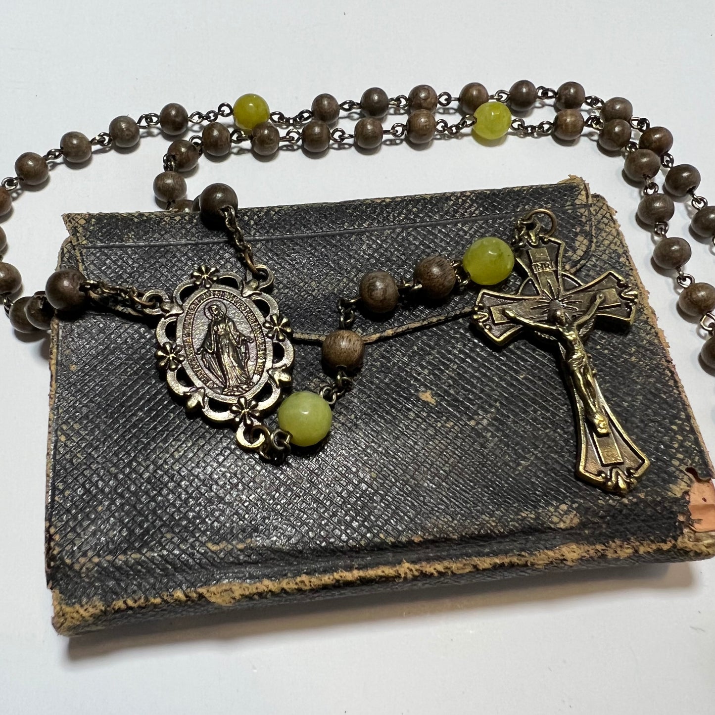 Miraculous Medal Rosary | Gray Wood & Olive Jade